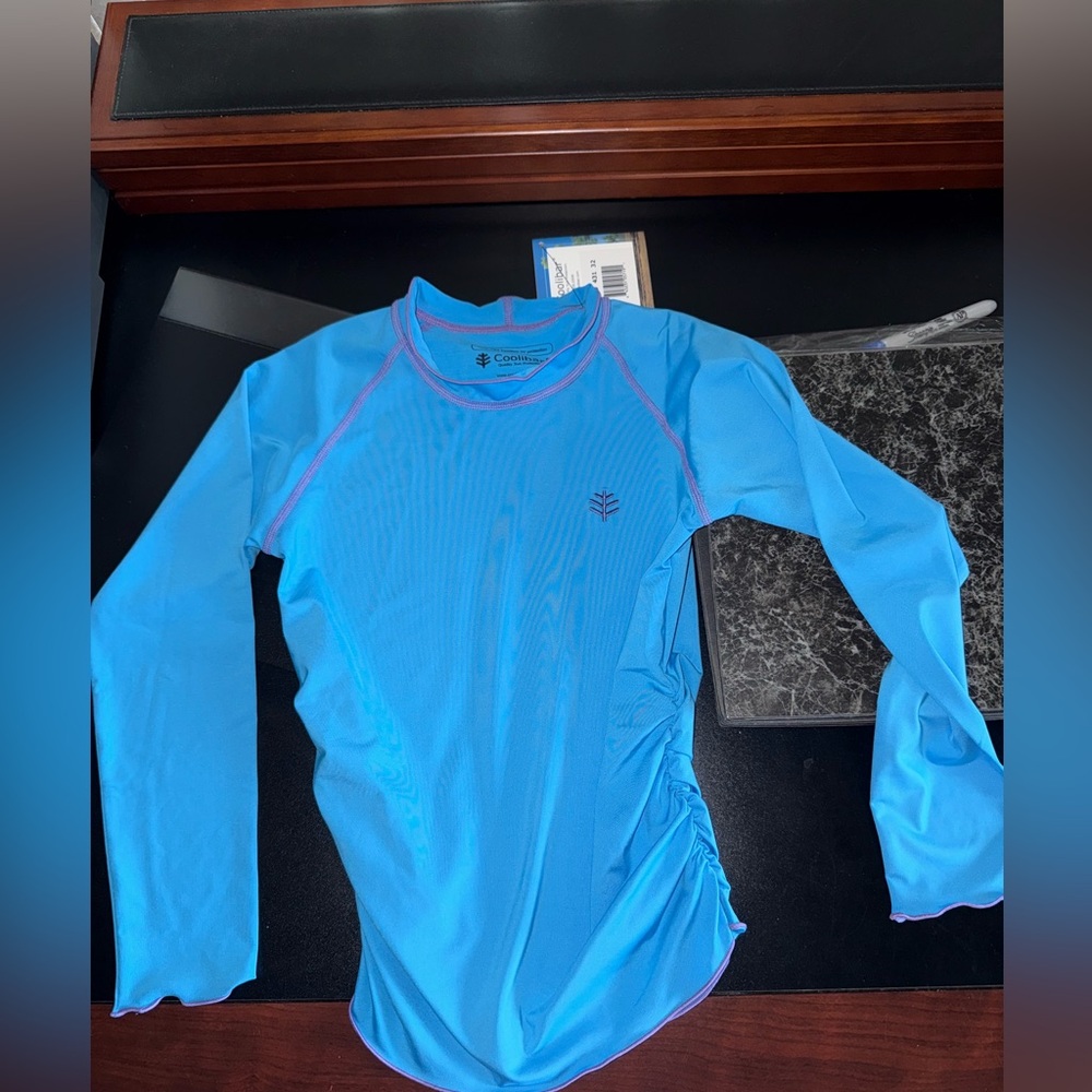 Coolibar blue girls small swim top 50+ up protection